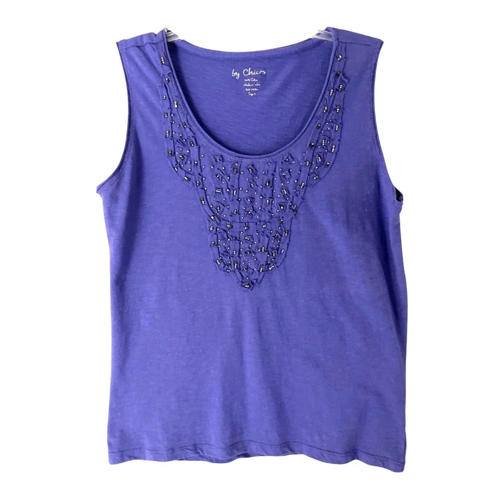 NWT Chico's Cotton Knit Tank Top PURPLE w/GUNMETAL BEADED Cut-Piece Trim SZ 2